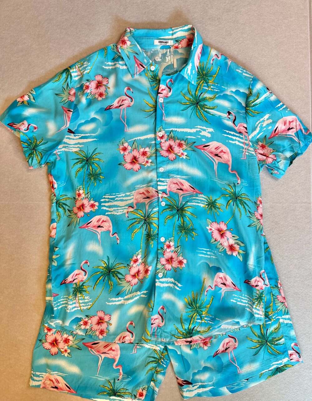 COOFANDY Men’s L Hawaiian Shirt Shorts Set Blue Flamingo Tropical NWT